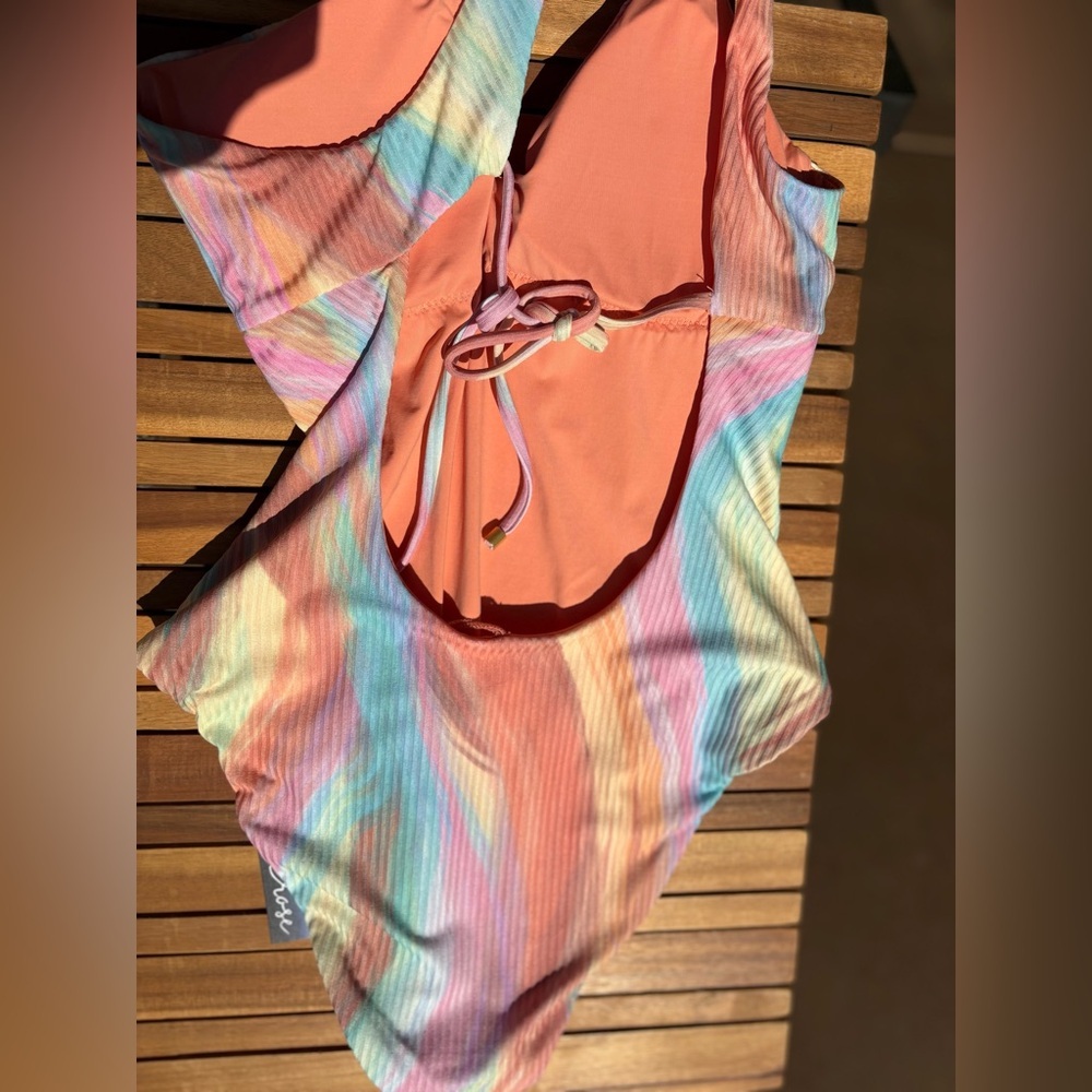 LARGE NWT Asymmetrical Pastel Striped Women's One Piece Bikini pink multi color - Picture 5 of 6